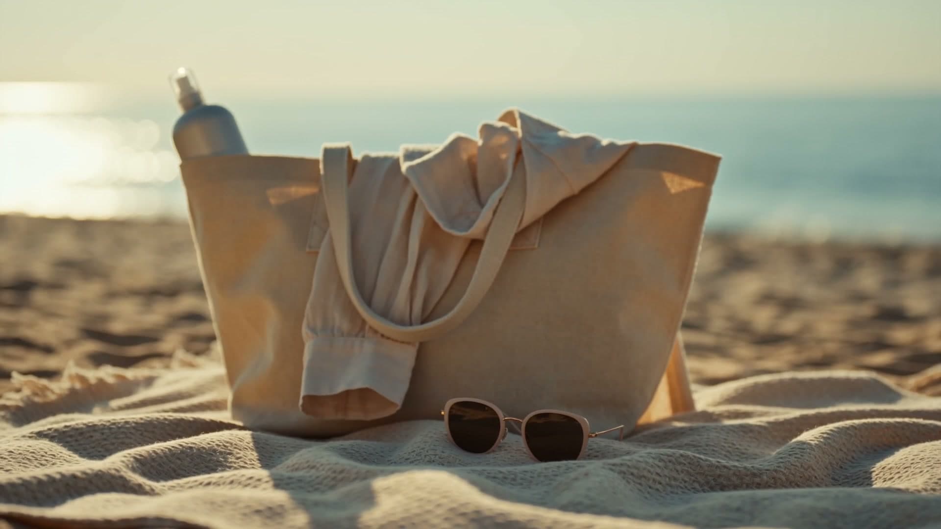 A canvas beach tote with Clo Daily Cleansing Mist tucked inside, resting on sand beside sunglasses