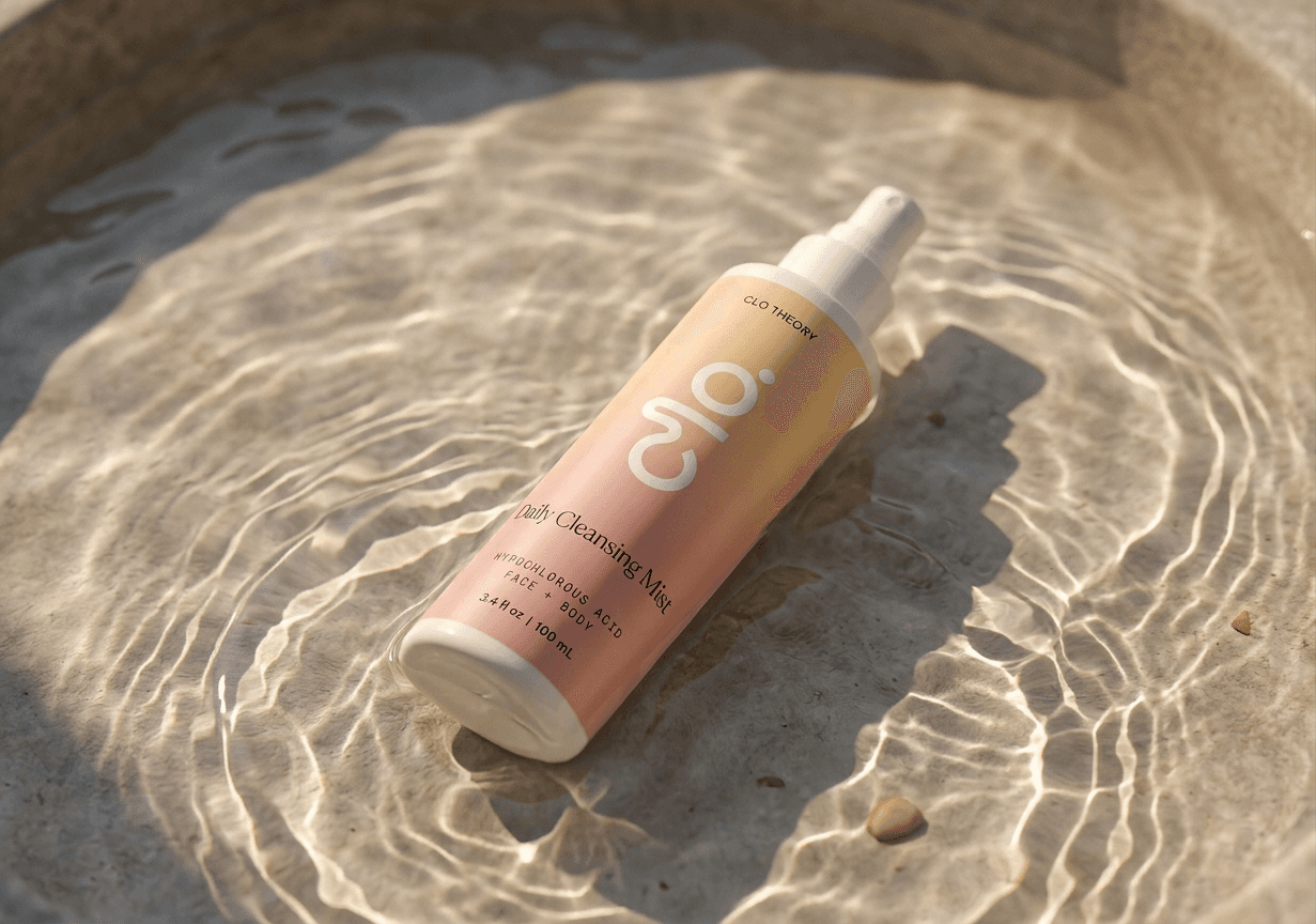 Clo bottle resting in a sunlit water basin