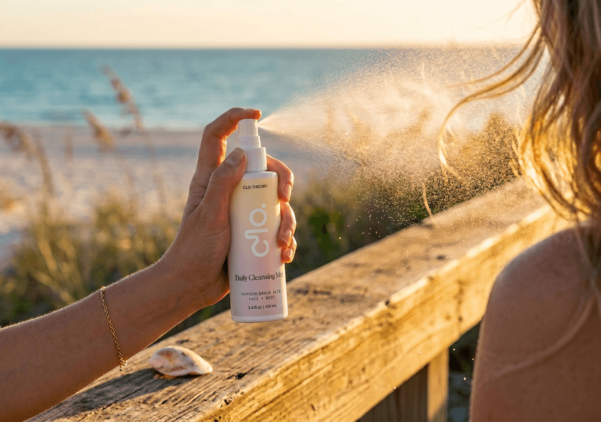 Hand spraying Clo mist at sunset beach